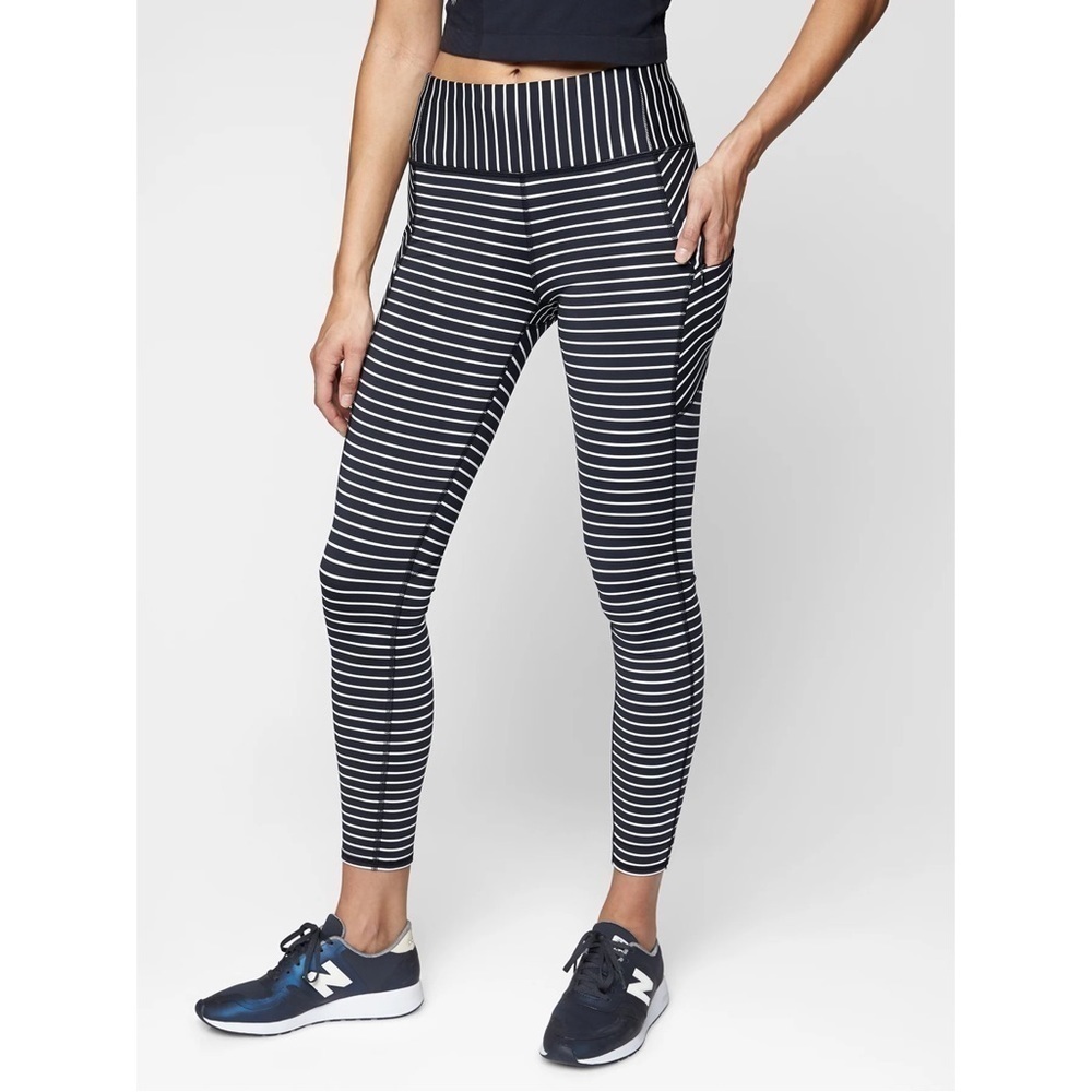 Athleta Navy White Striped Powerlift Contender 7/8 Tight Leggings